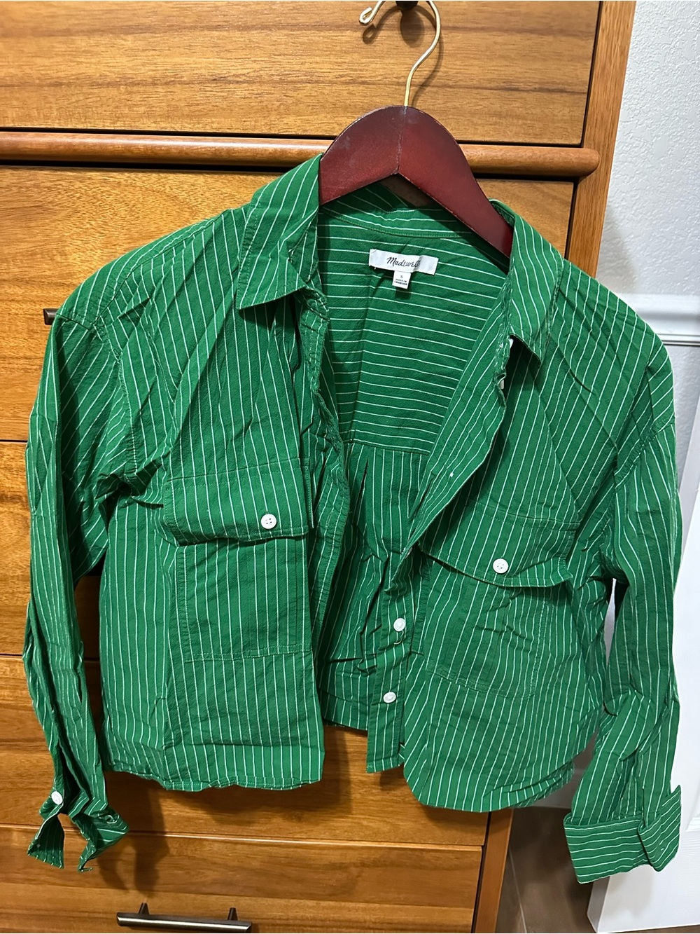 Madewell Green Pinstripe Cropped Shirt Jacket